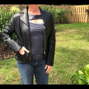 Black leather Nicola Berti Italian jacket, Sz L.